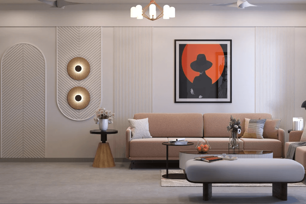 Turnkey-designed living room with ceiling lighting, entertainment unit, and sofa seating
