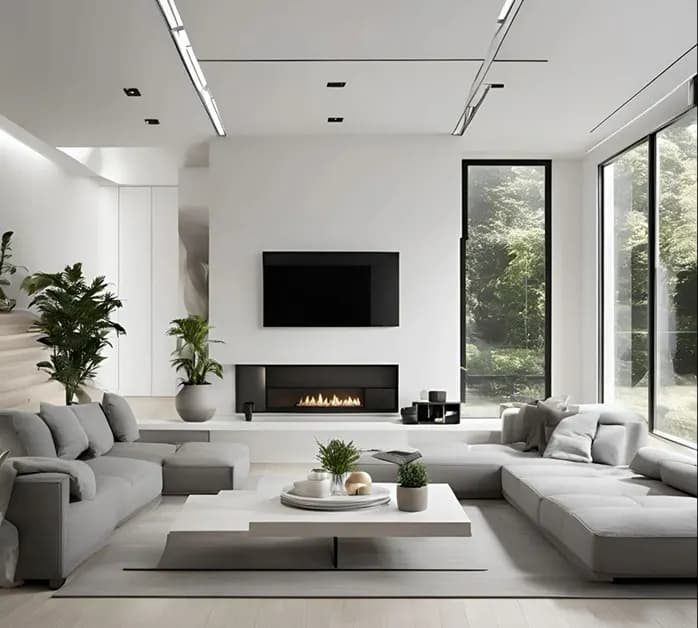 Expert home interior design showcase - modern living room with blue sofa and coffee table