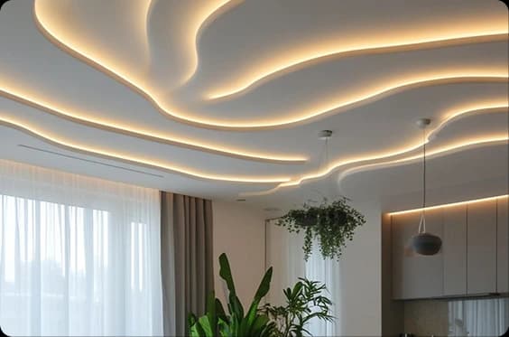 Turnkey-designed lounge with fluted wooden wall panels, ambient lighting, and sofa seating