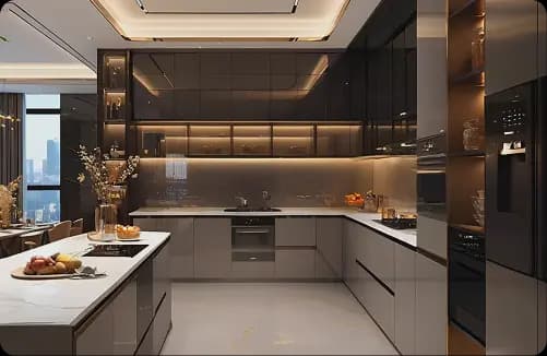 Turnkey-designed lounge with fluted wooden wall panels, ambient lighting, and sofa seating