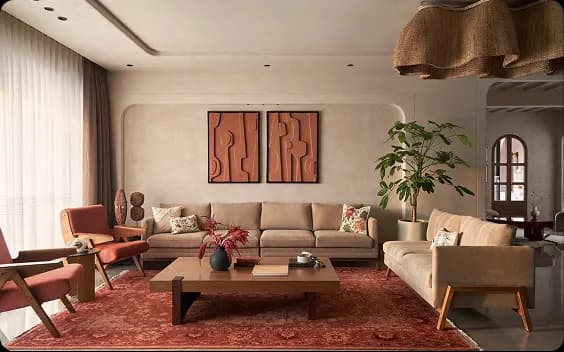 Turnkey-designed lounge with fluted wooden wall panels, ambient lighting, and sofa seating