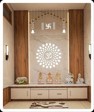 Traditional pooja room with wooden mandir and ambient lighting
