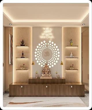 Modern pooja unit with jali-work backlit panel