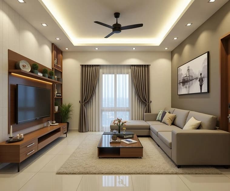 Turnkey-designed living room with ceiling lighting, entertainment unit, and sofa seating