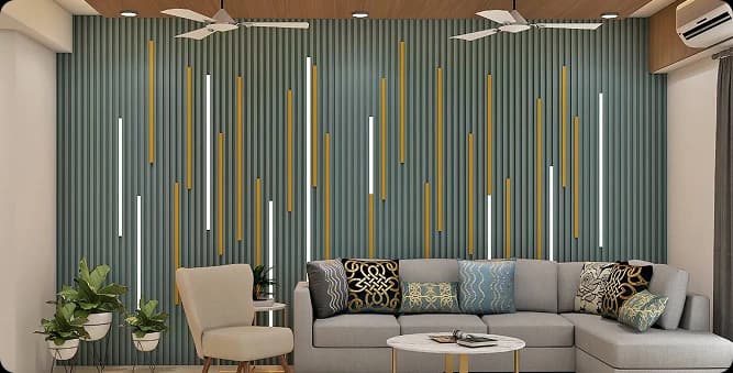 Turnkey-designed lounge with fluted wooden wall panels, ambient lighting, and sofa seating